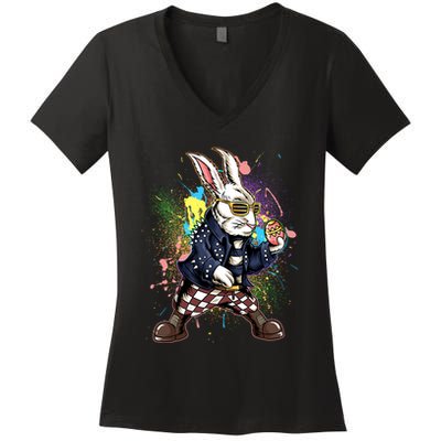 Funny Punk Rock Easter Bunny Rabbit Women's V-Neck T-Shirt