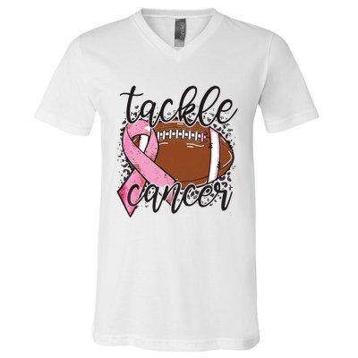 Football Pink Ribbon Tackle Breast Cancer Awareness V-Neck T-Shirt