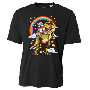 Funny Pitbull Riding A Dinosaur Rainbow Illustration Fun Cooling Performance Crew T-Shirt