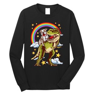 Funny Pitbull Riding A Dinosaur Rainbow Illustration Fun Long Sleeve Shirt