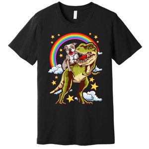 Funny Pitbull Riding A Dinosaur Rainbow Illustration Fun Premium T-Shirt