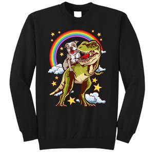 Funny Pitbull Riding A Dinosaur Rainbow Illustration Fun Tall Sweatshirt