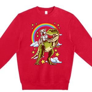 Funny Pitbull Riding A Dinosaur Rainbow Illustration Fun Premium Crewneck Sweatshirt