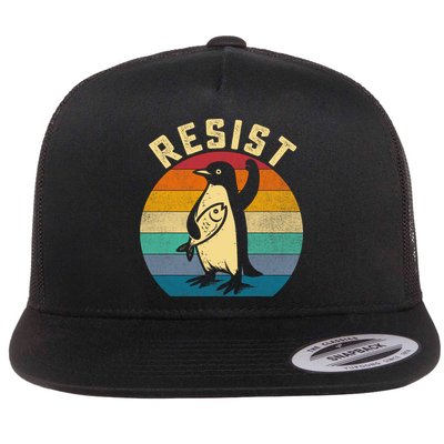 Funny Penguin Resist Penguins Protest Against Tariffs Retro  Flat Bill Trucker Hat