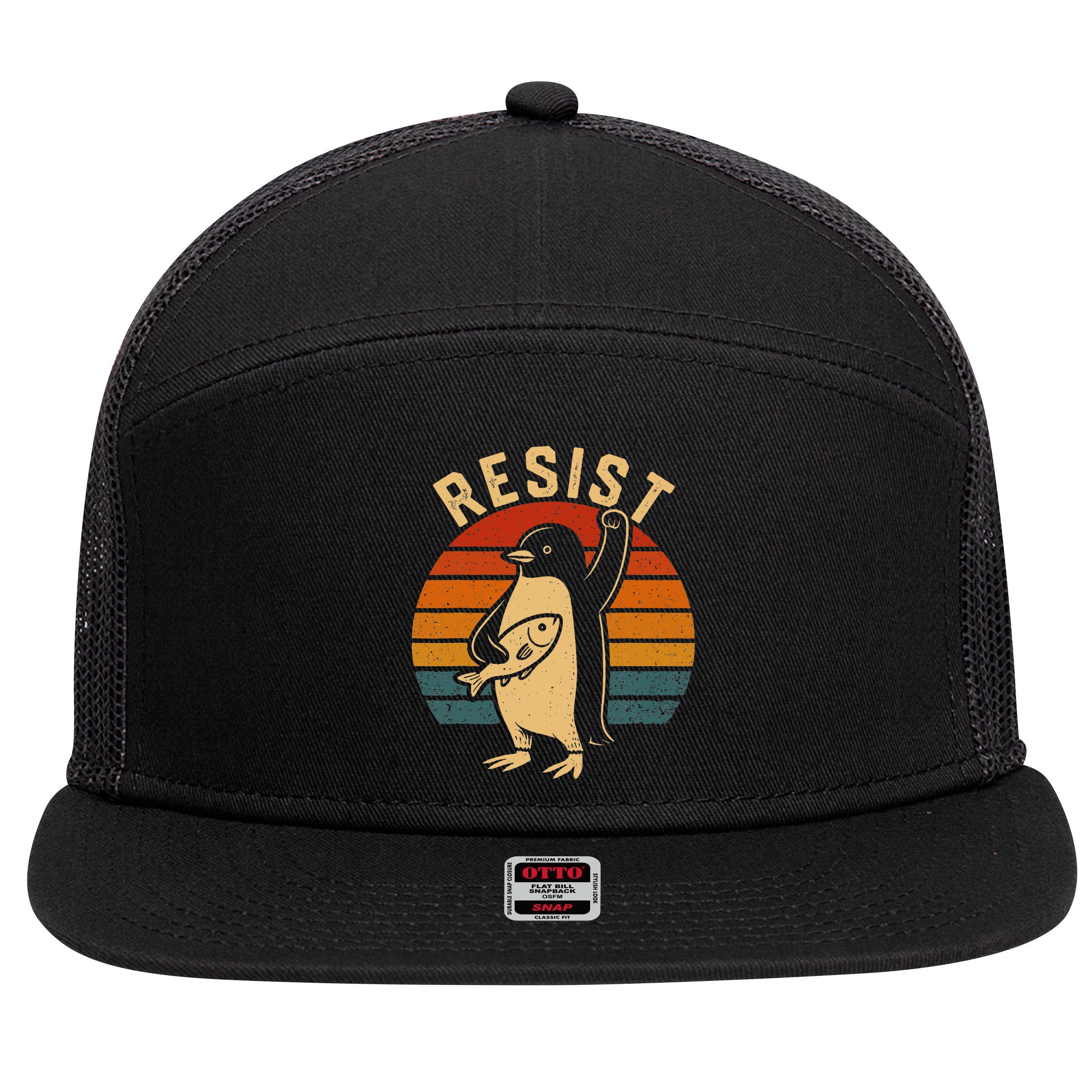 Funny Penguin Resist Penguins Protest Against Tariffs 7 Panel Mesh Trucker Snapback Hat