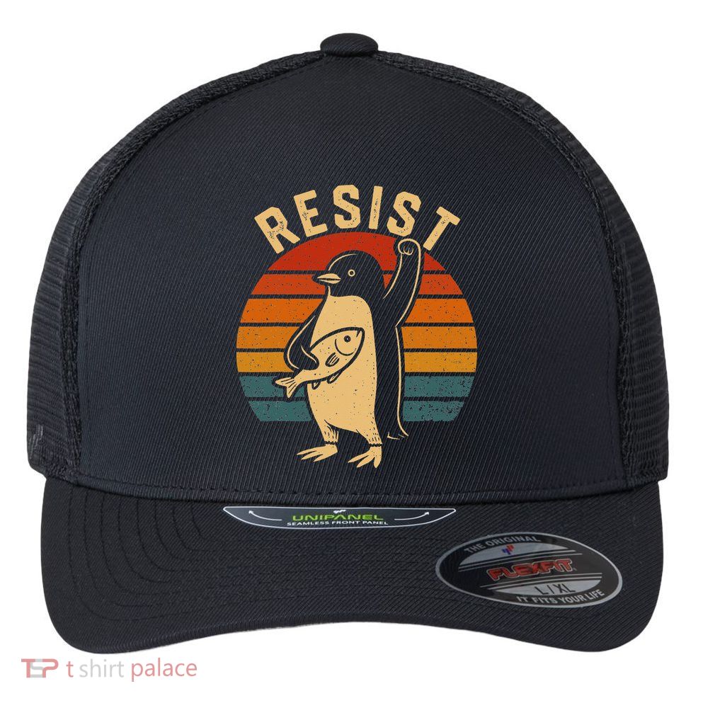 Funny Penguin Resist Penguins Protest Against Tariffs Flexfit Unipanel Trucker Cap