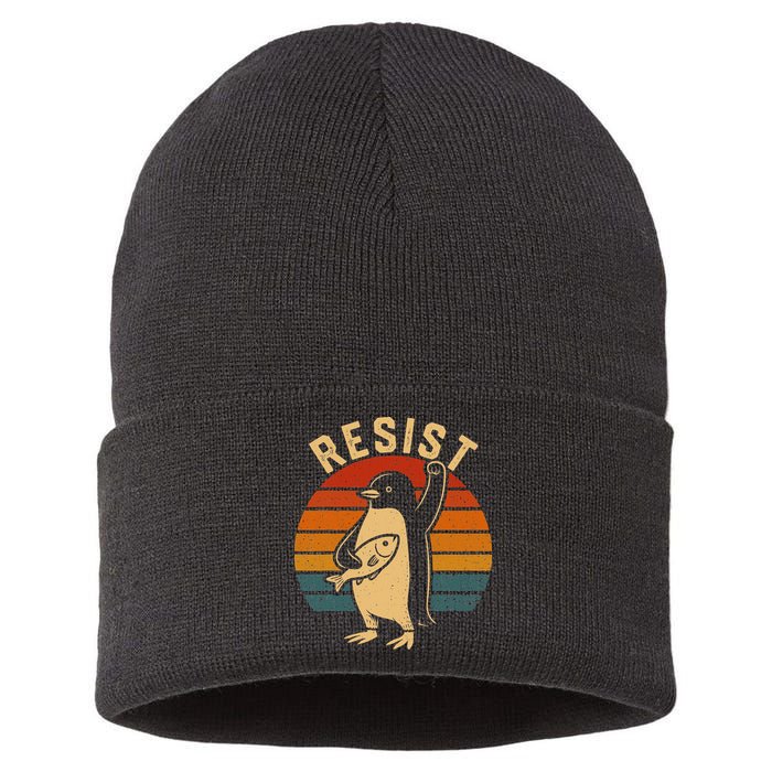 Funny Penguin Resist Penguins Protest Against Tariffs Sustainable Knit Beanie