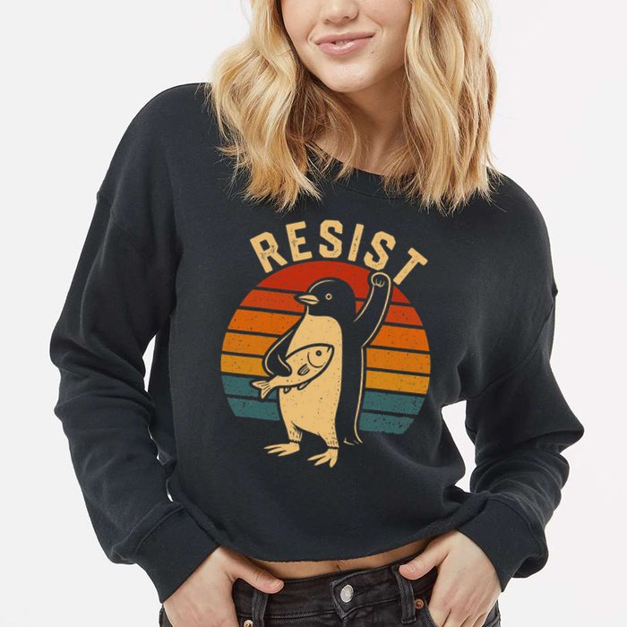 Funny Penguin Resist Penguins Protest Against Tariffs Cropped Pullover Crew
