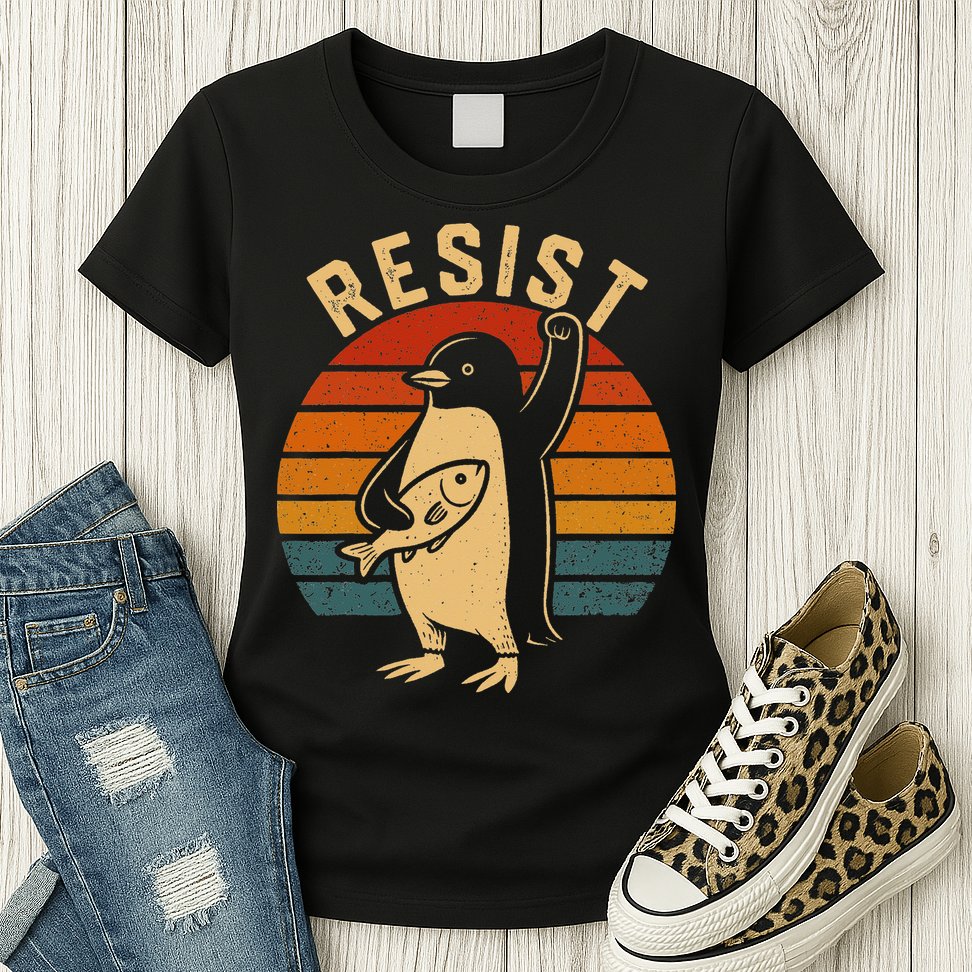 Funny Penguin Resist Penguins Protest Against Tariffs Womens T-Shirt