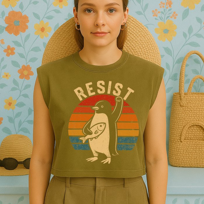 Funny Penguin Resist Penguins Protest Against Tariffs Garment-Dyed Women's Muscle Tee