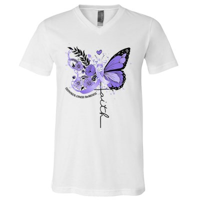 Faith Periwinkle Ribbon Esophageal Cancer Awareness V-Neck T-Shirt