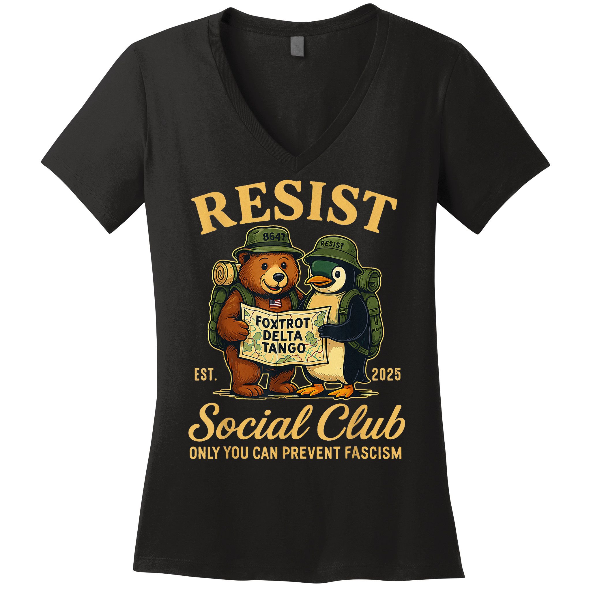 Funny Penguin Resist Penguins Protest Against Tariffs Women's V-Neck T-Shirt