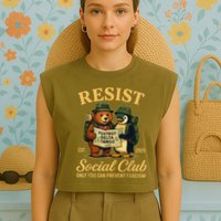 Funny Penguin Resist Penguins Protest Against Tariffs Garment-Dyed Women's Muscle Tee