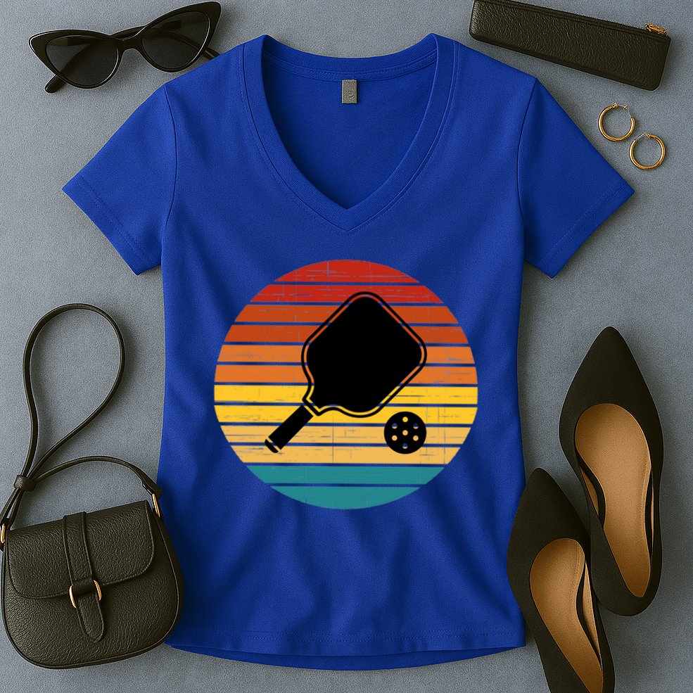 Funny Pickleball Retro Sunset Gift Women's V-Neck T-Shirt