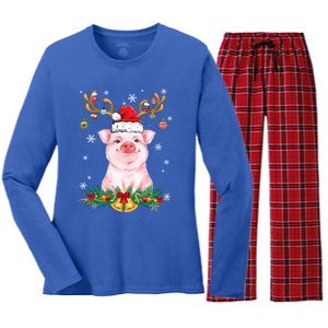 Funny Pig Reindeer Lights Ornat Santa Christmas Xmas Gift Women's Long Sleeve Flannel Pajama Set 