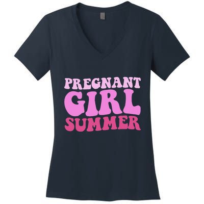 Funny Pregnancy Reveal Pregnant Girl Summer Baby Shower Women's V-Neck T-Shirt