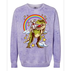 Funny Pitbull Riding A Dinosaur Rainbow Illustration Fun Colorblast Crewneck Sweatshirt