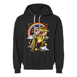 Funny Pitbull Riding A Dinosaur Rainbow Illustration Fun Garment-Dyed Fleece Hoodie