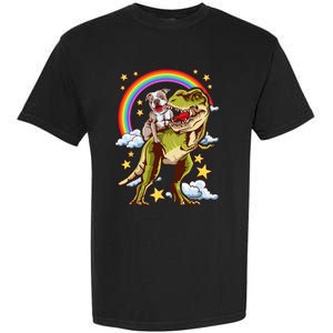 Funny Pitbull Riding A Dinosaur Rainbow Illustration Fun Garment-Dyed Heavyweight T-Shirt