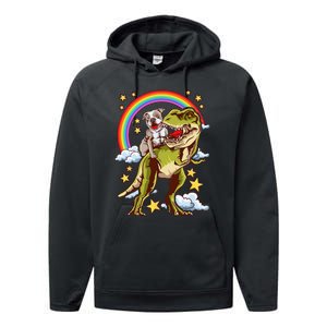 Funny Pitbull Riding A Dinosaur Rainbow Illustration Fun Performance Fleece Hoodie