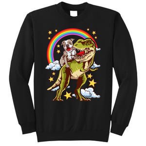 Funny Pitbull Riding A Dinosaur Rainbow Illustration Fun Sweatshirt