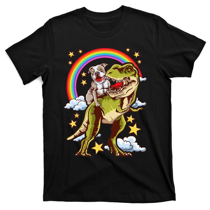 Funny Pitbull Riding A Dinosaur Rainbow Illustration Fun T-Shirt