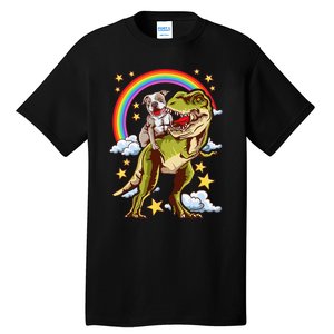 Funny Pitbull Riding A Dinosaur Rainbow Illustration Fun Tall T-Shirt