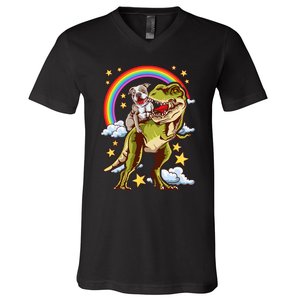 Funny Pitbull Riding A Dinosaur Rainbow Illustration Fun V-Neck T-Shirt