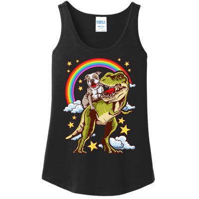 Funny Pitbull Riding A Dinosaur Rainbow Illustration Fun Ladies Essential Tank