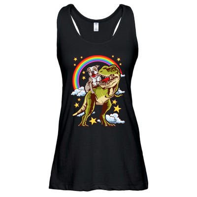 Funny Pitbull Riding A Dinosaur Rainbow Illustration Fun Ladies Essential Flowy Tank