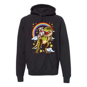 Funny Pitbull Riding A Dinosaur Rainbow Illustration Fun Premium Hoodie