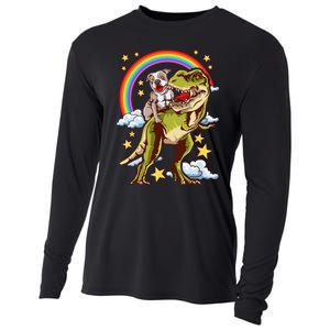 Funny Pitbull Riding A Dinosaur Rainbow Illustration Fun Cooling Performance Long Sleeve Crew