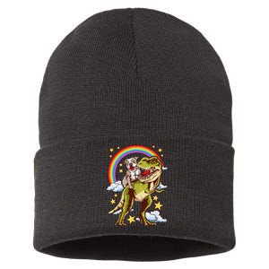 Funny Pitbull Riding A Dinosaur Rainbow Illustration Fun Sustainable Knit Beanie