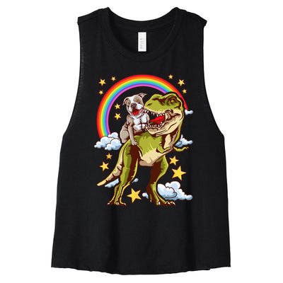 Funny Pitbull Riding A Dinosaur Rainbow Illustration Fun Women's Racerback Cropped Tank