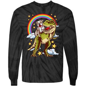 Funny Pitbull Riding A Dinosaur Rainbow Illustration Fun Tie-Dye Long Sleeve Shirt