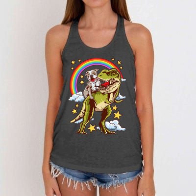 Funny Pitbull Riding A Dinosaur Rainbow Illustration Fun Women's Knotted Racerback Tank