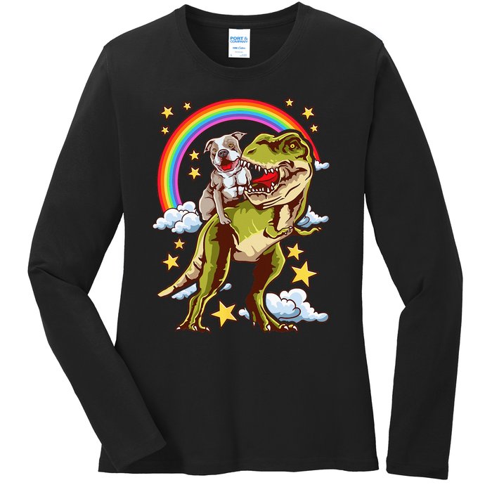 Funny Pitbull Riding A Dinosaur Rainbow Illustration Fun Ladies Long Sleeve Shirt