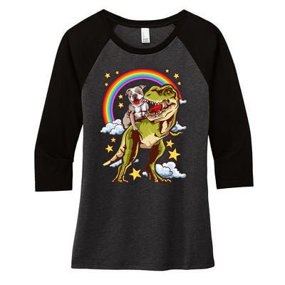 Funny Pitbull Riding A Dinosaur Rainbow Illustration Fun Women's Tri-Blend 3/4-Sleeve Raglan Shirt