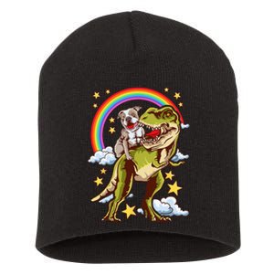 Funny Pitbull Riding A Dinosaur Rainbow Illustration Fun Short Acrylic Beanie