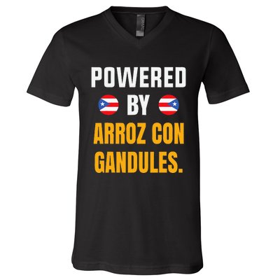 Funny Puerto Rico Flag Powered By Arroz Con Gandules V-Neck T-Shirt