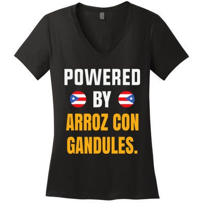 Funny Puerto Rico Flag Powered By Arroz Con Gandules Women's V-Neck T-Shirt