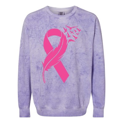 Feather Pink Ribbon Fight Cancer Breast Cancer Warrior Cute Gift Colorblast Crewneck Sweatshirt