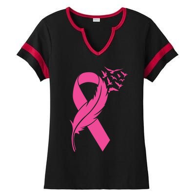 Feather Pink Ribbon Fight Cancer Breast Cancer Warrior Cute Gift Ladies Halftime Notch Neck Tee