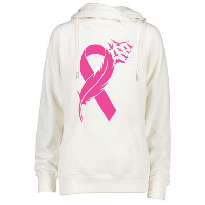 Feather Pink Ribbon Fight Cancer Breast Cancer Warrior Cute Gift Womens Funnel Neck Pullover Hood