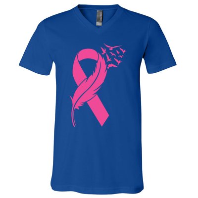 Feather Pink Ribbon Fight Cancer Breast Cancer Warrior Cute Gift V-Neck T-Shirt