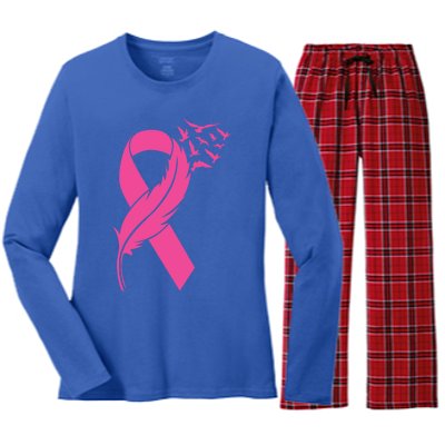 Feather Pink Ribbon Fight Cancer Breast Cancer Warrior Cute Gift Women's Long Sleeve Flannel Pajama Set 