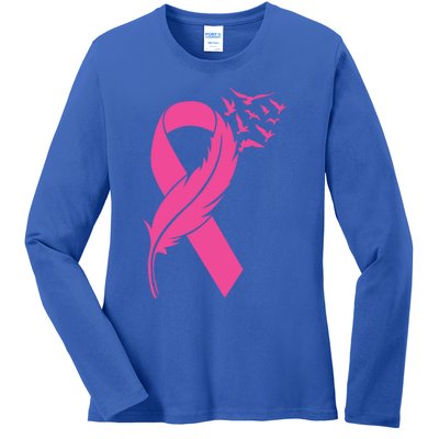 Feather Pink Ribbon Fight Cancer Breast Cancer Warrior Cute Gift Ladies Long Sleeve Shirt