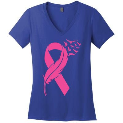 Feather Pink Ribbon Fight Cancer Breast Cancer Warrior Cute Gift Women's V-Neck T-Shirt