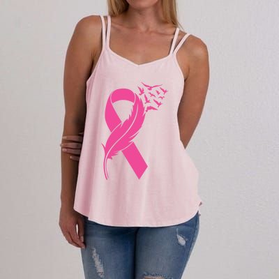 Feather Pink Ribbon Fight Cancer Breast Cancer Warrior Cute Gift Women's Strappy Tank