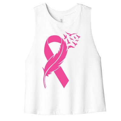 Feather Pink Ribbon Fight Cancer Breast Cancer Warrior Cute Gift Women's Racerback Cropped Tank